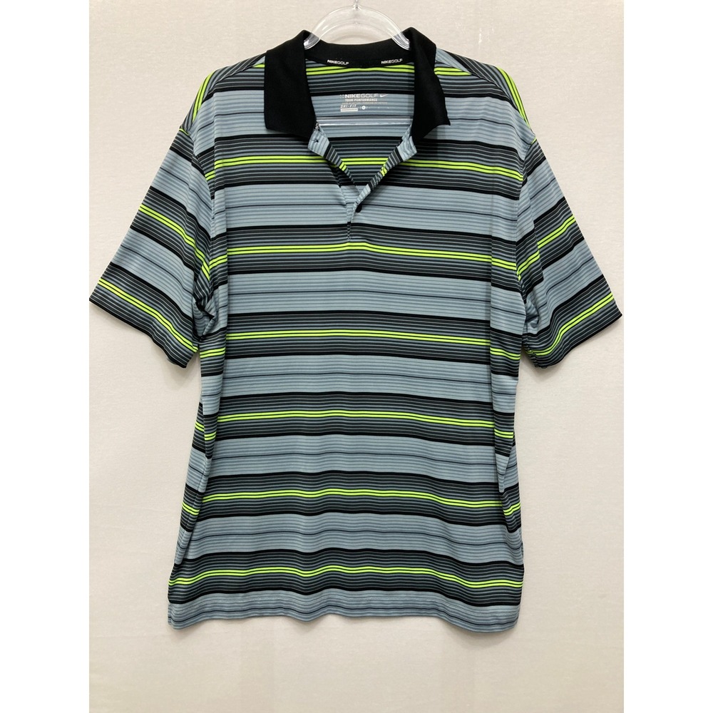 Nike Golf Polo Shirt Large Grey Neon Yellow Striped Dri-FIT Tour Performance